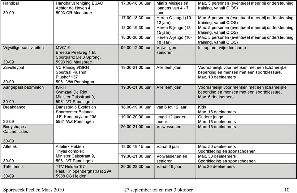 5993 NC Maasbree VC Pansign/ISRH Sporthal Piushof Piushof 137 5981 VW Panningen ISRH Gymzaal De Riet Minister Calsstraat 9, 5981 VT Panningen Dansstudio Explosion Sportcenter Balance J.F.