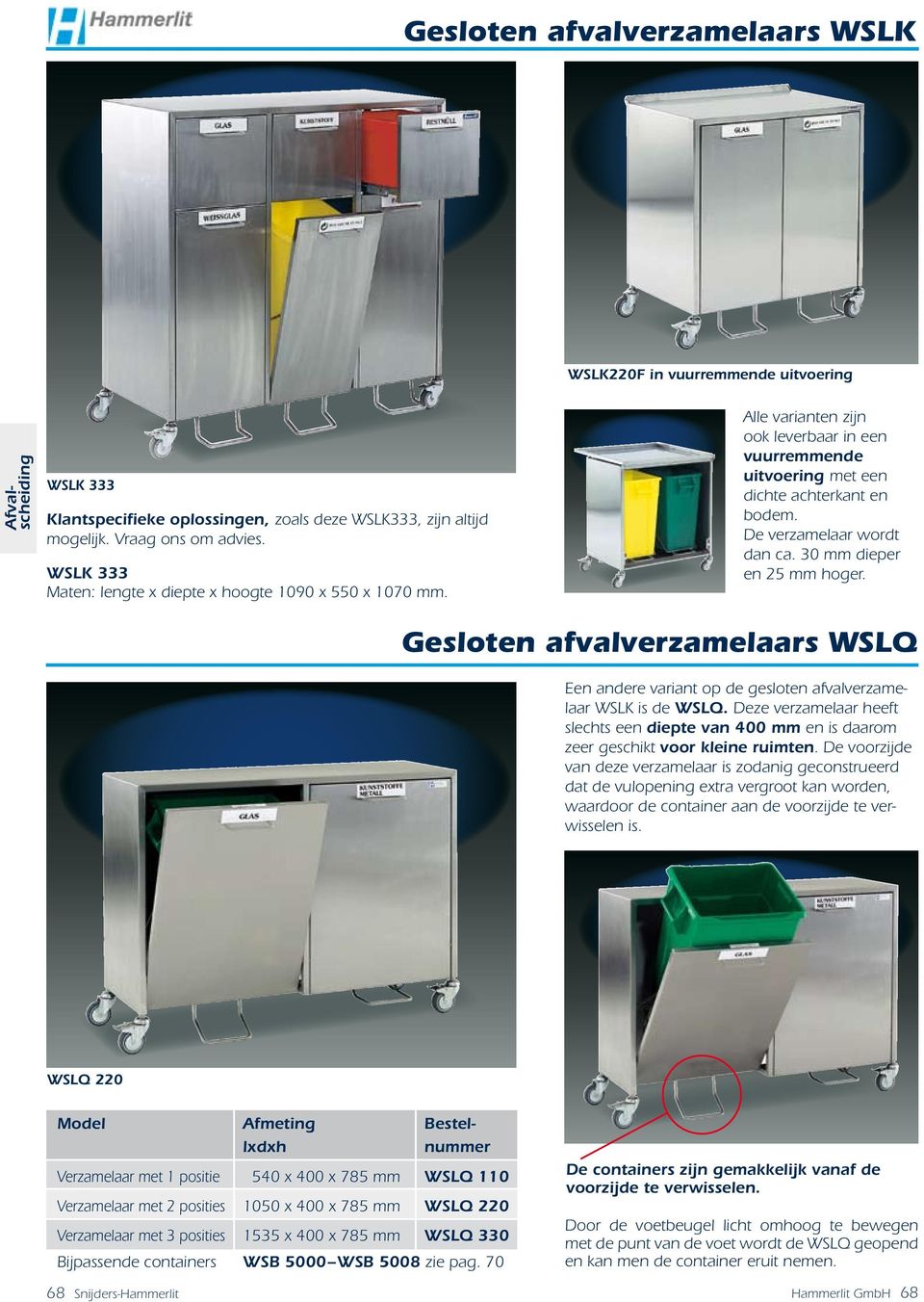 30 mm dieper en 25 mm hoger. Gesloten afvalverzamelaars WSLQ Een andere variant op de gesloten afvalverzamelaar WSLK is de WSLQ.