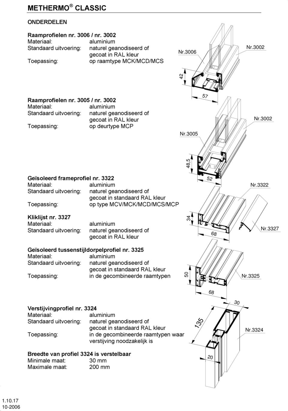 3322 aluminium Standaard uitvoering: naturel geanodiseerd of gecoat in standaard RAL kleur op type MCV/MCK/MCD/MCS/MCP 52 Kliklijst nr.