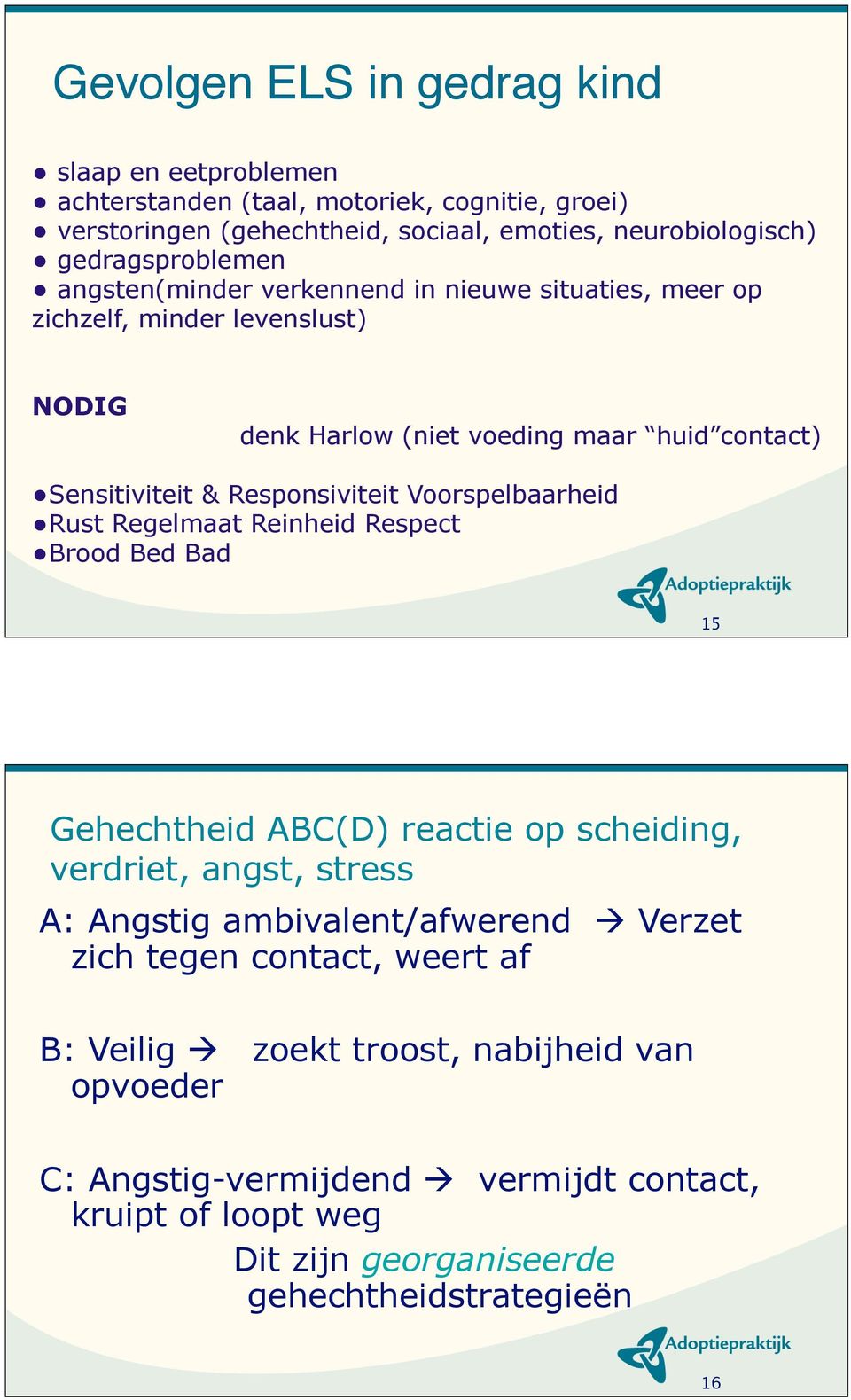 Responsiviteit Voorspelbaarheid Rust Regelmaat Reinheid Respect Brood Bed Bad 15 Gehechtheid ABC(D) reactie op scheiding, verdriet, angst, stress A: Angstig