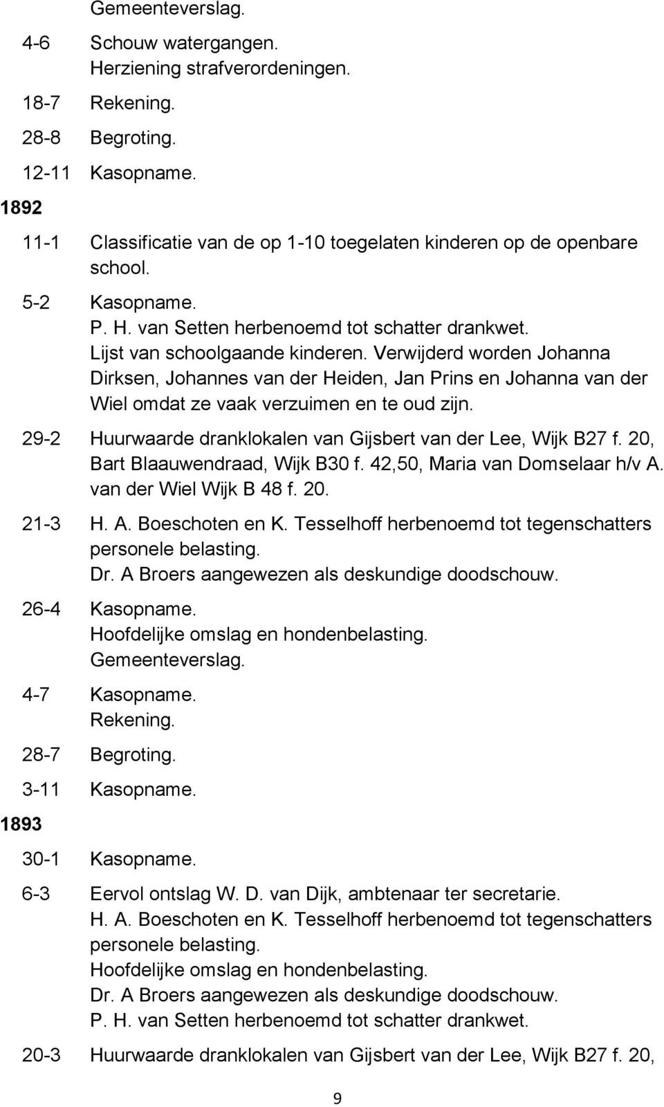 29-2 Huurwaarde dranklokalen van Gijsbert van der Lee, Wijk B27 f. 20, Bart Blaauwendraad, Wijk B30 f. 42,50, Maria van Domselaar h/v A. van der Wiel Wijk B 48 f. 20. 21-3 H. A. Boeschoten en K.