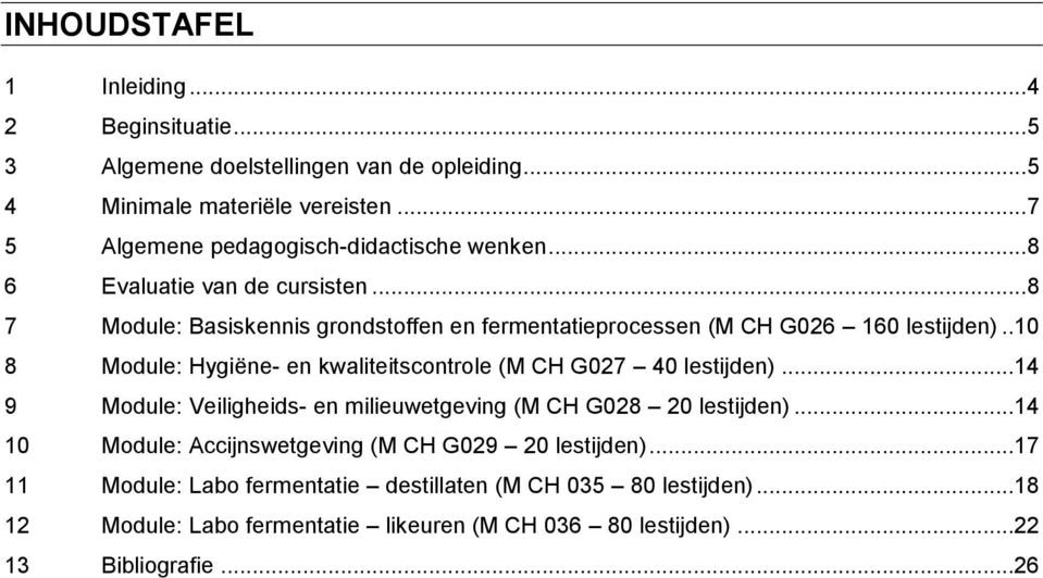 .. 8 7 Module: Basiskennis grondstoffen en fermentatieprocessen (M CH G026 160 lestijden)..10 8 Module: Hygiëne- en kwaliteitscontrole (M CH G027 40 lestijden).