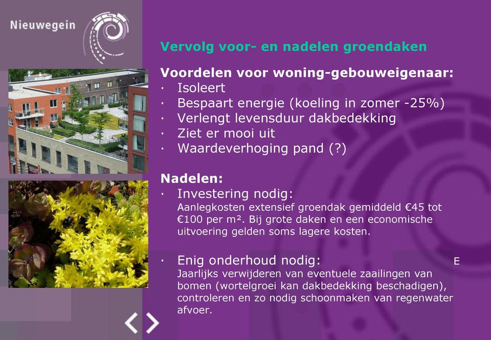 ) Nadelen: Investering nodig: Aanlegkosten extensief groendak gemiddeld 45 tot 100 per m².