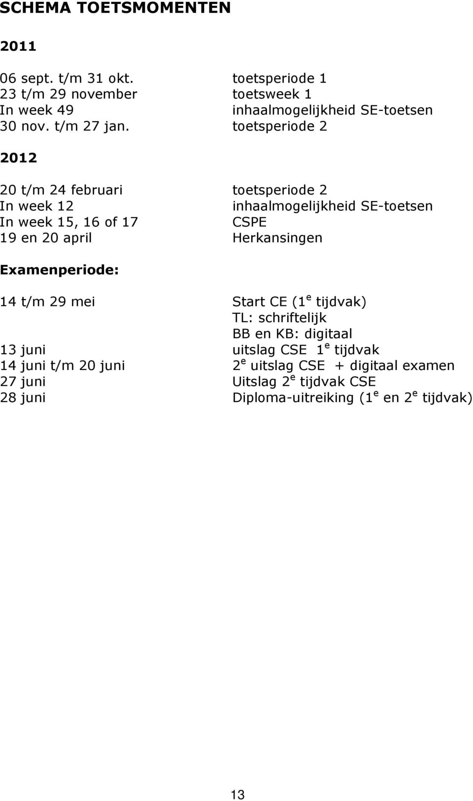 toetsperiode 2 2012 20 t/m 24 februari toetsperiode 2 In week 12 inhaalmogelijkheid SE-toetsen In week 15, 16 of 17 CSPE 19 en 20 april