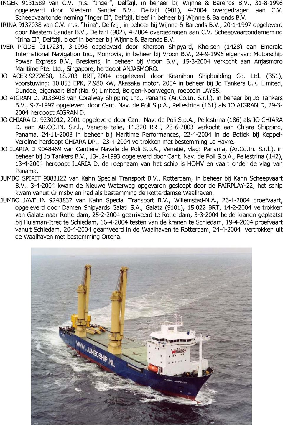 V. IVER PRIDE 9117234, 3-1996 opgeleverd door Kherson Shipyard, Kherson (1428) aan Emerald International Navigation Inc., Monrovia, in beheer bij Vroon B.V., 24-9-1996 eigenaar: Motorschip Power Express B.