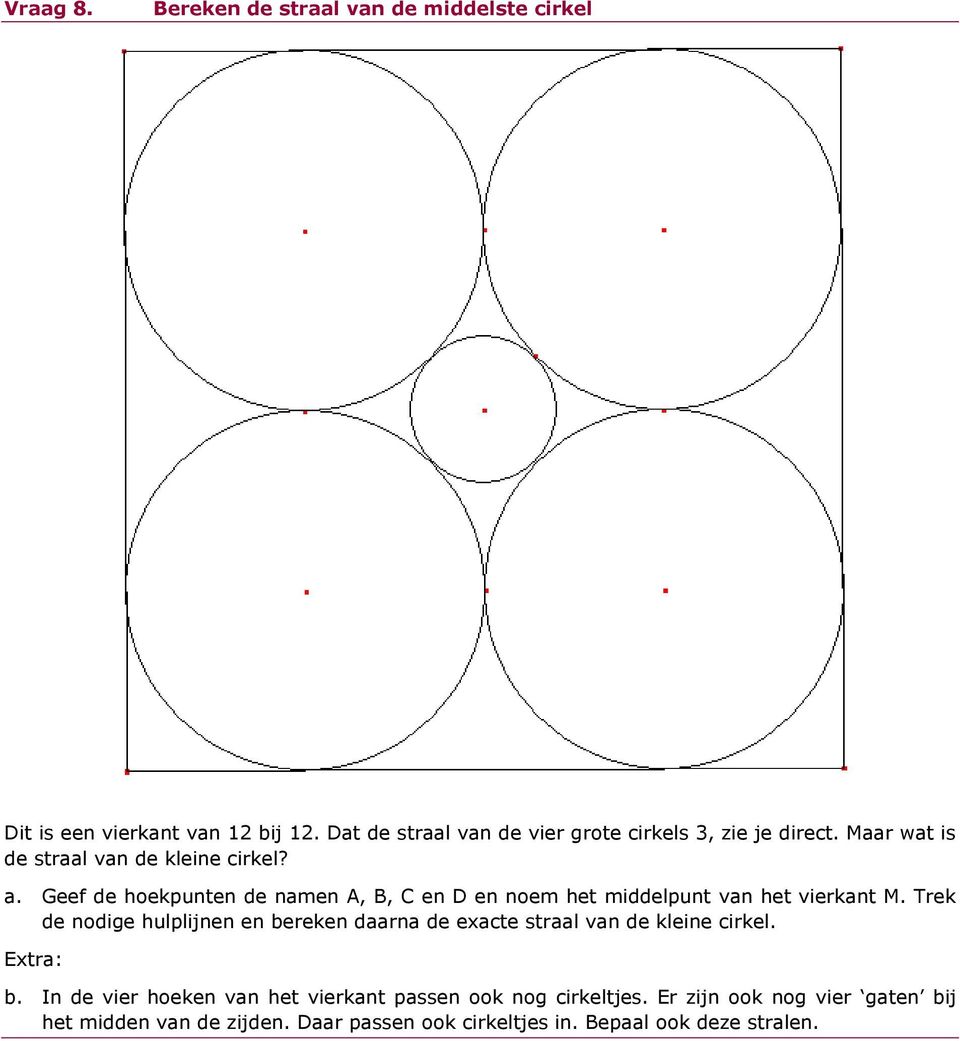 Geef de hoekpunten de namen A, B, C en D en noem het middelpunt van het vierkant M.