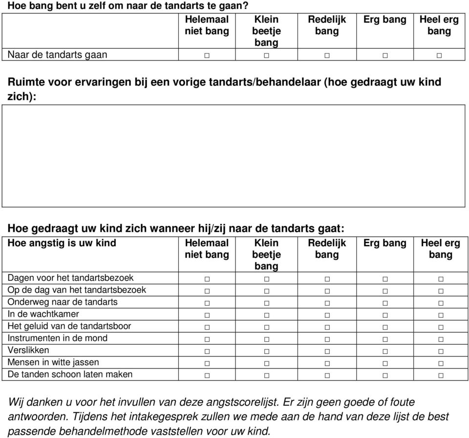 hij/zij naar de tandarts gaat: Hoe angstig is uw kind Helemaal niet Klein beetje Redelijk Erg Heel erg Dagen voor het tandartsbezoek Op de dag van het tandartsbezoek Onderweg naar de tandarts In