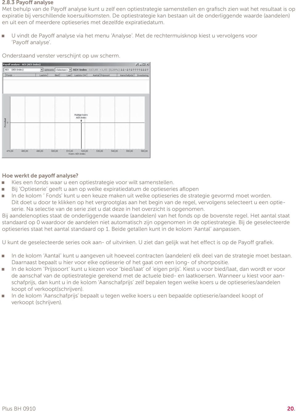 Met de rechtermuiskop kiest u vervolges voor Payoff aalyse. Oderstaad vester verschijt op uw scherm. Hoe werkt de payoff aalyse? Kies ee fods waar u ee optiestrategie voor wilt samestelle.