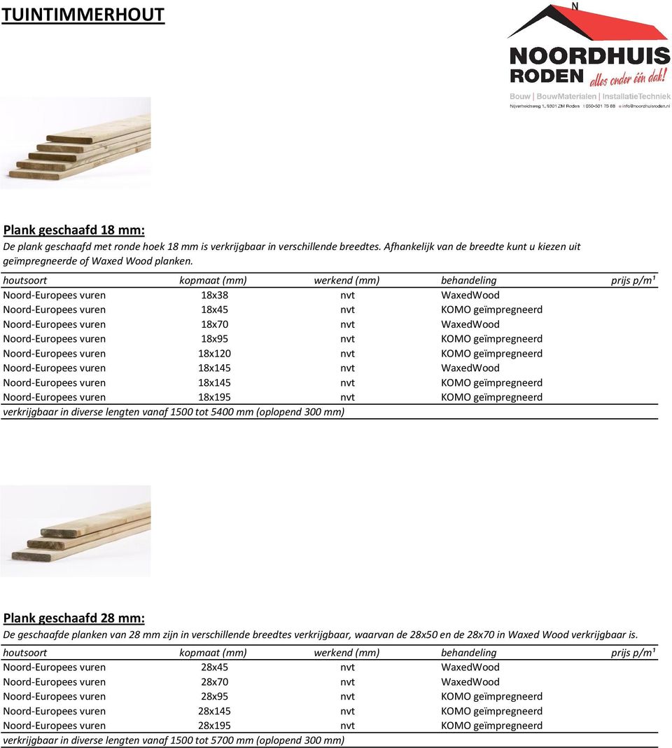 vuren 18x120 nvt KOMO geïmpregneerd Noord-Europees vuren 18x145 nvt WaxedWood Noord-Europees vuren 18x145 nvt KOMO geïmpregneerd Noord-Europees vuren 18x195 nvt KOMO geïmpregneerd verkrijgbaar in