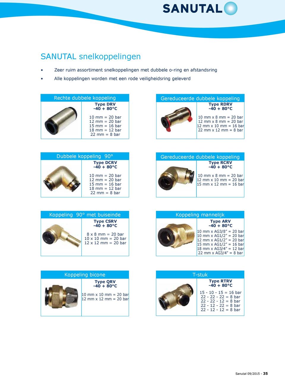 Dubbele koppeling 90 Type DCRV 10 mm = 20 bar 12 mm = 20 bar 15 mm = 16 bar 18 mm = 12 bar 22 mm = 8 bar Gereduceerde dubbele koppeling Type RCRV 10 mm x 8 mm = 20 bar 12 mm x 10 mm = 20 bar 15 mm x