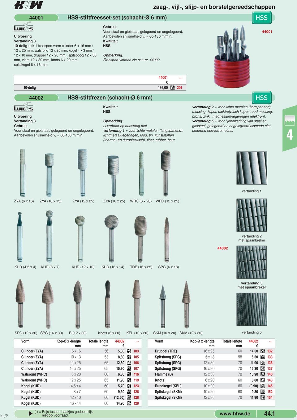 x 18 mm. Voor staal en gietstaal, gelegeerd en ongelegeerd. Aanbevolen snijsnelheid v c = 60-180 m/min. HSS. Opmerking: Freespen-vormen zie cat.-nr. 002.