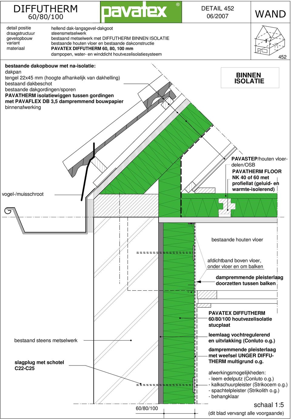 PAVASTEP/houten vloerdelen/osb PAVATHERM FLOOR NK 40 of 60 met profiellat (geluid- en warmte-isolerend) houten vloer afdichtband boven vloer, onder vloer en om balken dampremmende pleisterlaag