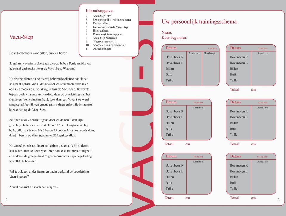 10 Voordelen van de Vacu-Step 11 Aantekeningen Uw persoonlijk trainingsschema Naam: Kuur begonnen: 1 ste keer Meethoogte 20 ste keer Ik stel mij even in het kort aan u voor.