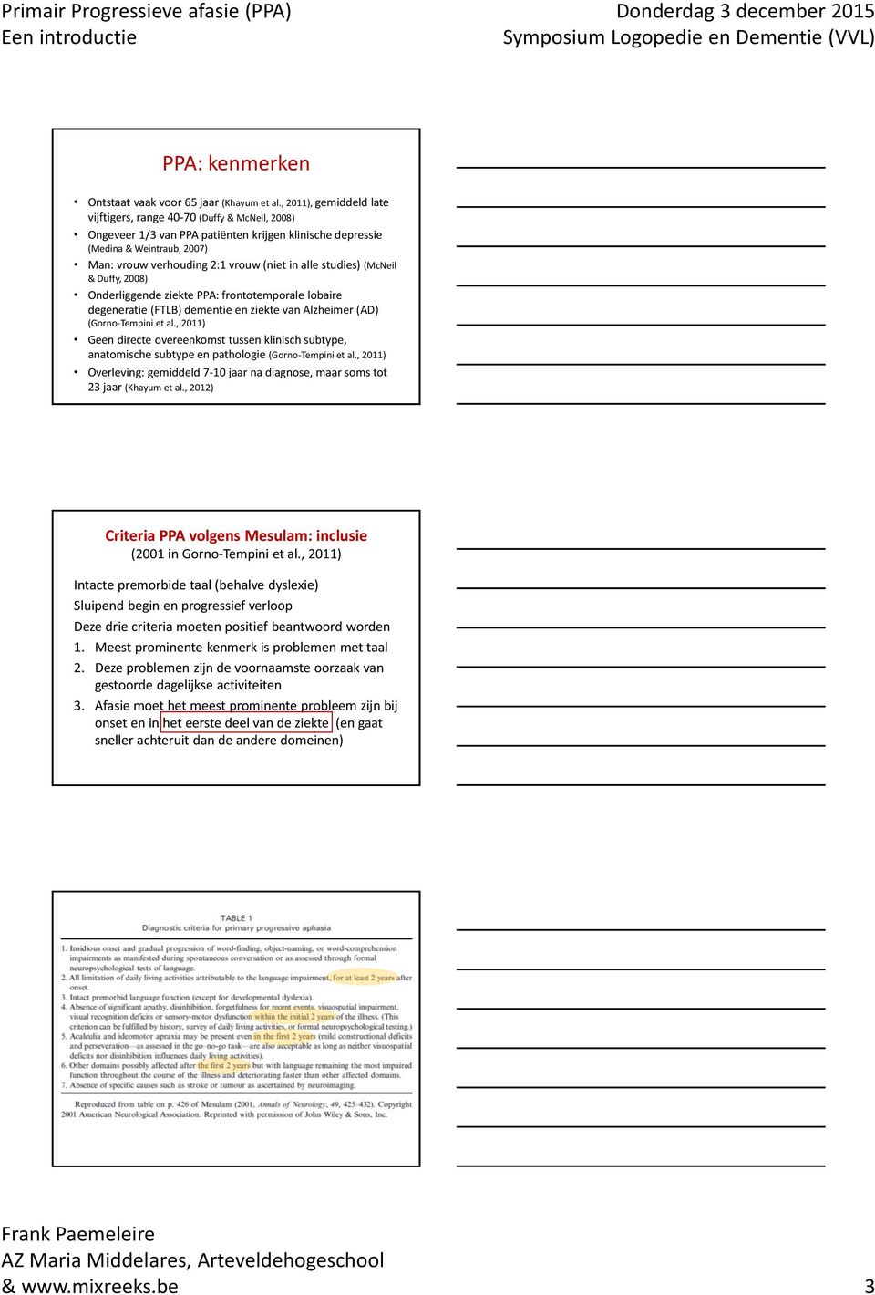 alle studies) (McNeil & Duffy, 2008) Onderliggende ziekte PPA: frontotemporale lobaire degeneratie (FTLB) dementie en ziekte van Alzheimer (AD) (Gorno-Tempini et al.