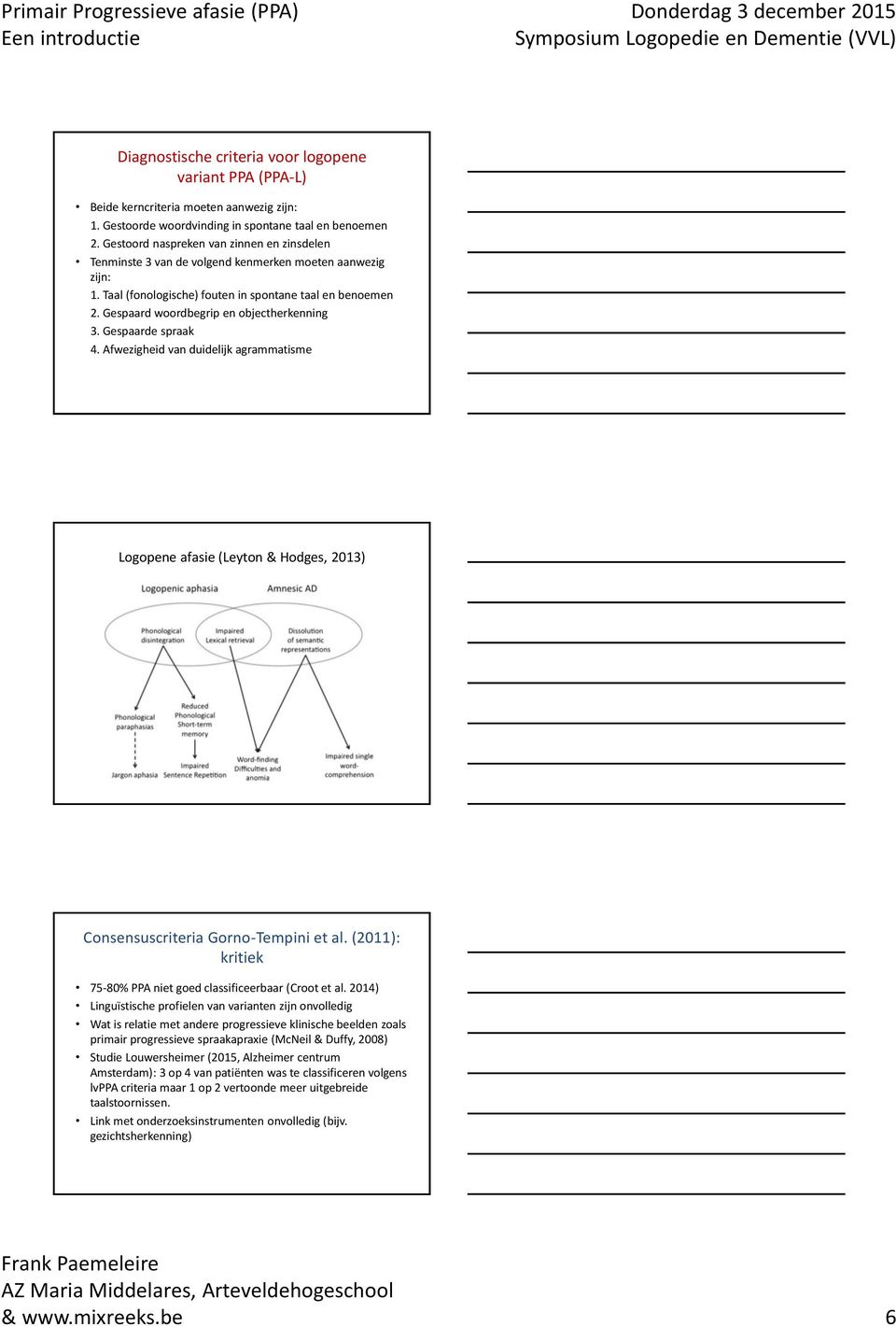 Gespaard woordbegrip en objectherkenning 3. Gespaarde spraak 4. Afwezigheid van duidelijk agrammatisme Logopene afasie (Leyton & Hodges, 2013) Consensuscriteria Gorno-Tempini et al.