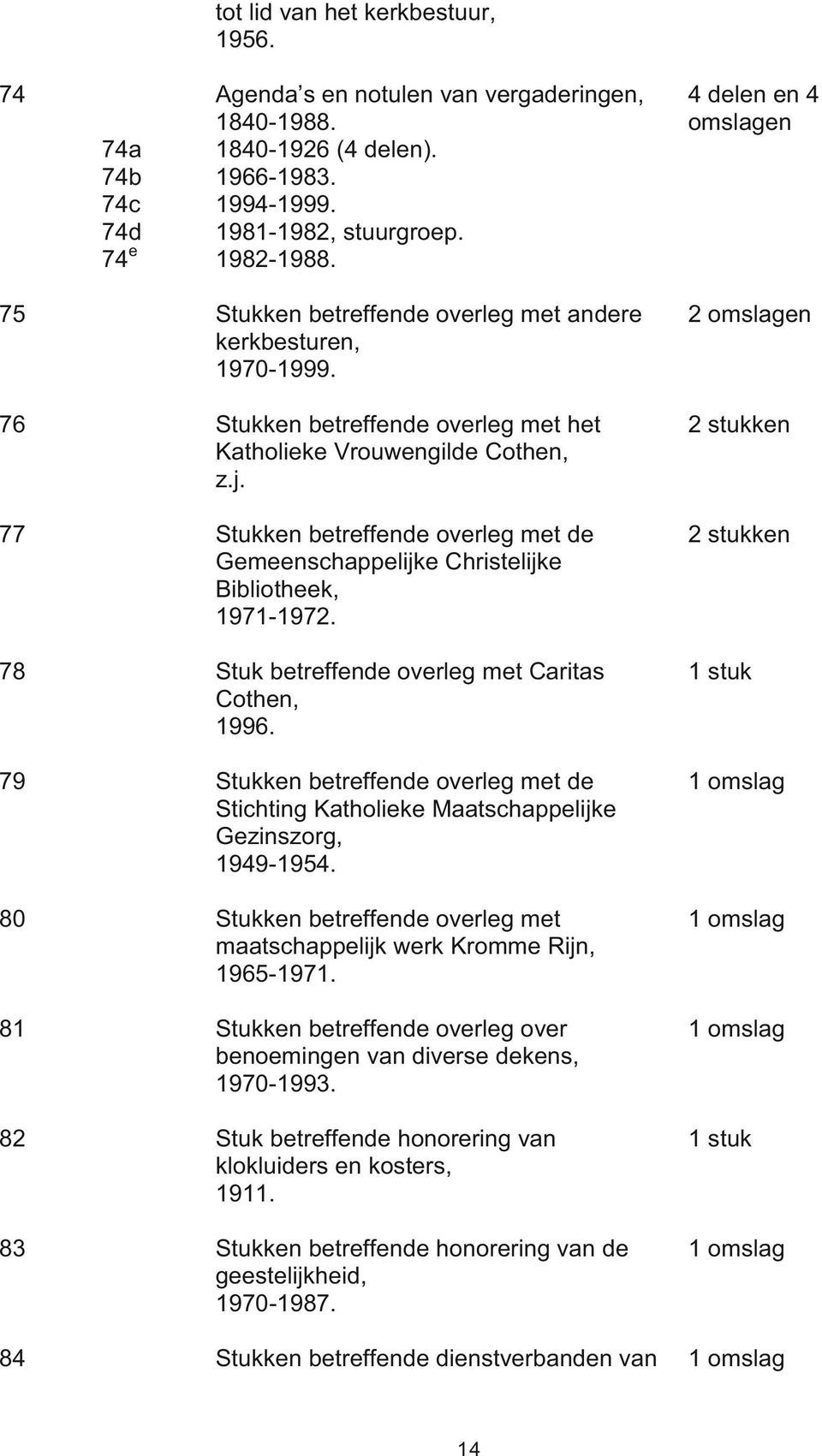 77 Stukken betreffende overleg met de Gemeenschappelijke Christelijke Bibliotheek, 1971-1972. 78 Stuk betreffende overleg met Caritas Cothen, 1996.