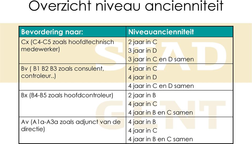 .) Bx (B4-B5 zoals hoofdcontroleur) Av (A1a-A3a zoals adjunct van de directie) Niveauancienniteit 2 jaar