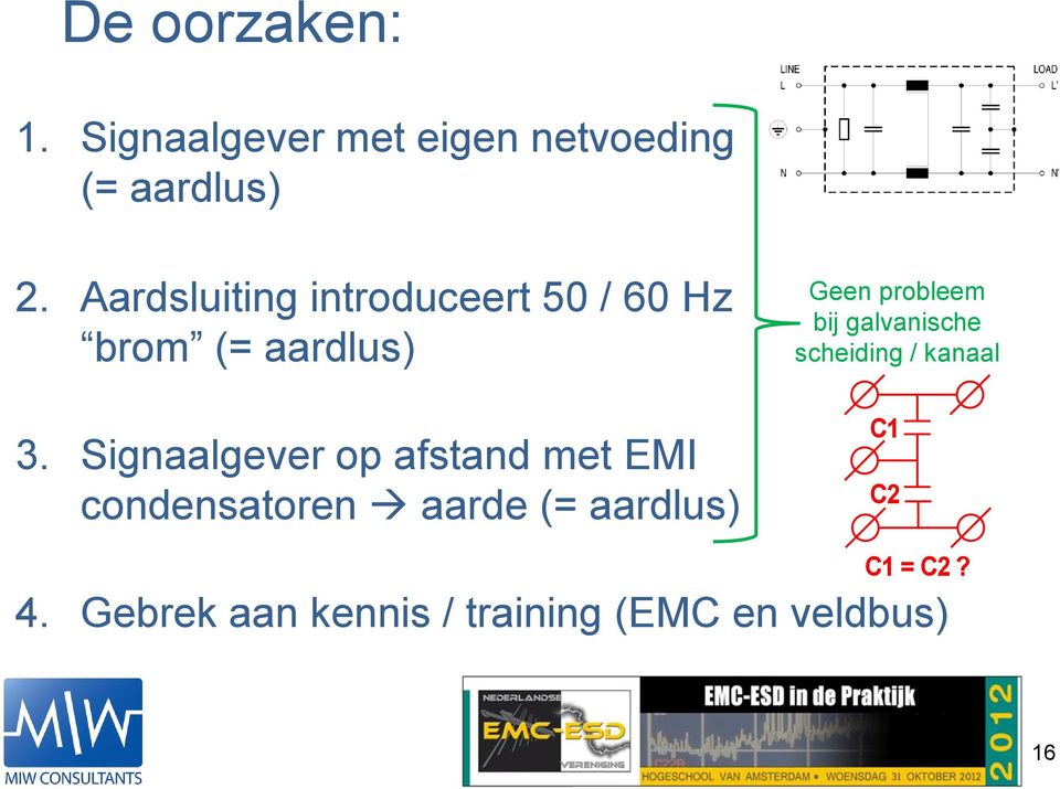 Signaalgever op afstand met EMI condensatoren aarde (= aardlus) Geen