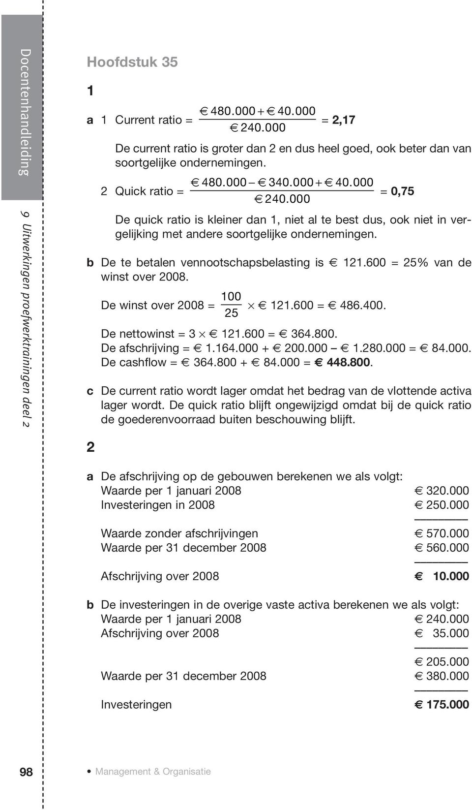 00 De winst over 2008 = 2.600 = 486.400. 25 De nettowinst = 3 2.600 = 364.800. De afschrijving =.64. + 200..280. = 84.. De cashflow = 364.800 + 84. = 448.800. c De current ratio wordt lager omdat het bedrag van de vlottende activa lager wordt.