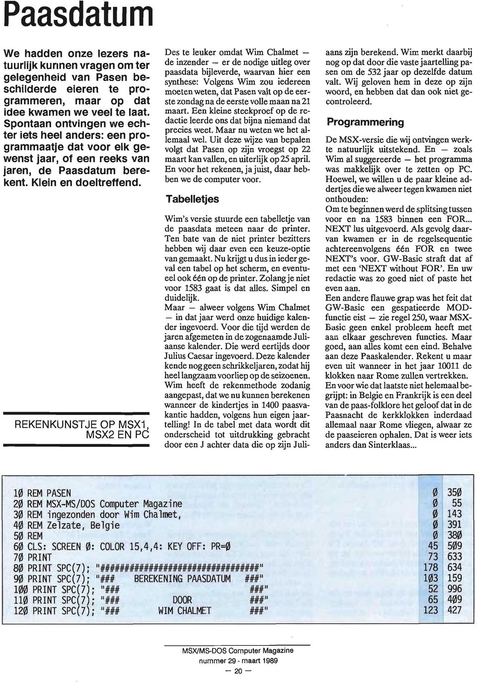 REKENKUNSTJE OP MSX1, MSX2 EN PC Des te leuker omdat Wim Chalmet - de inzender - er de nodige uitleg over paas data bijleverde, waarvan hier een synthese: Volgens Wim zou iedereen moeten weten, dat