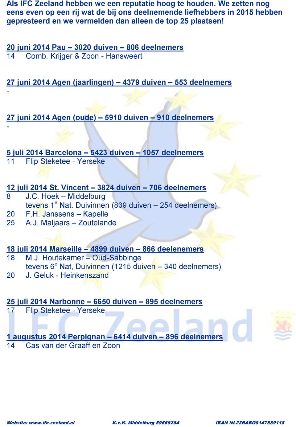 Krijger & Zoon - Hansweert 27 juni 2014 Agen (jaarlingen) 4379 duiven 553 deelnemers - 27 juni 2014 Agen (oude) 5910 duiven 910 deelnemers - 5 juli 2014 Barcelona 5423 duiven 1057 deelnemers 11 Flip