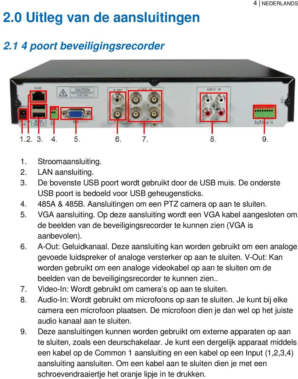 Op deze aansluiting wordt een VGA kabel aangesloten om de beelden van de beveiligingsrecorder te kunnen zien (VGA is aanbevolen). 6. A-Out: Geluidkanaal.