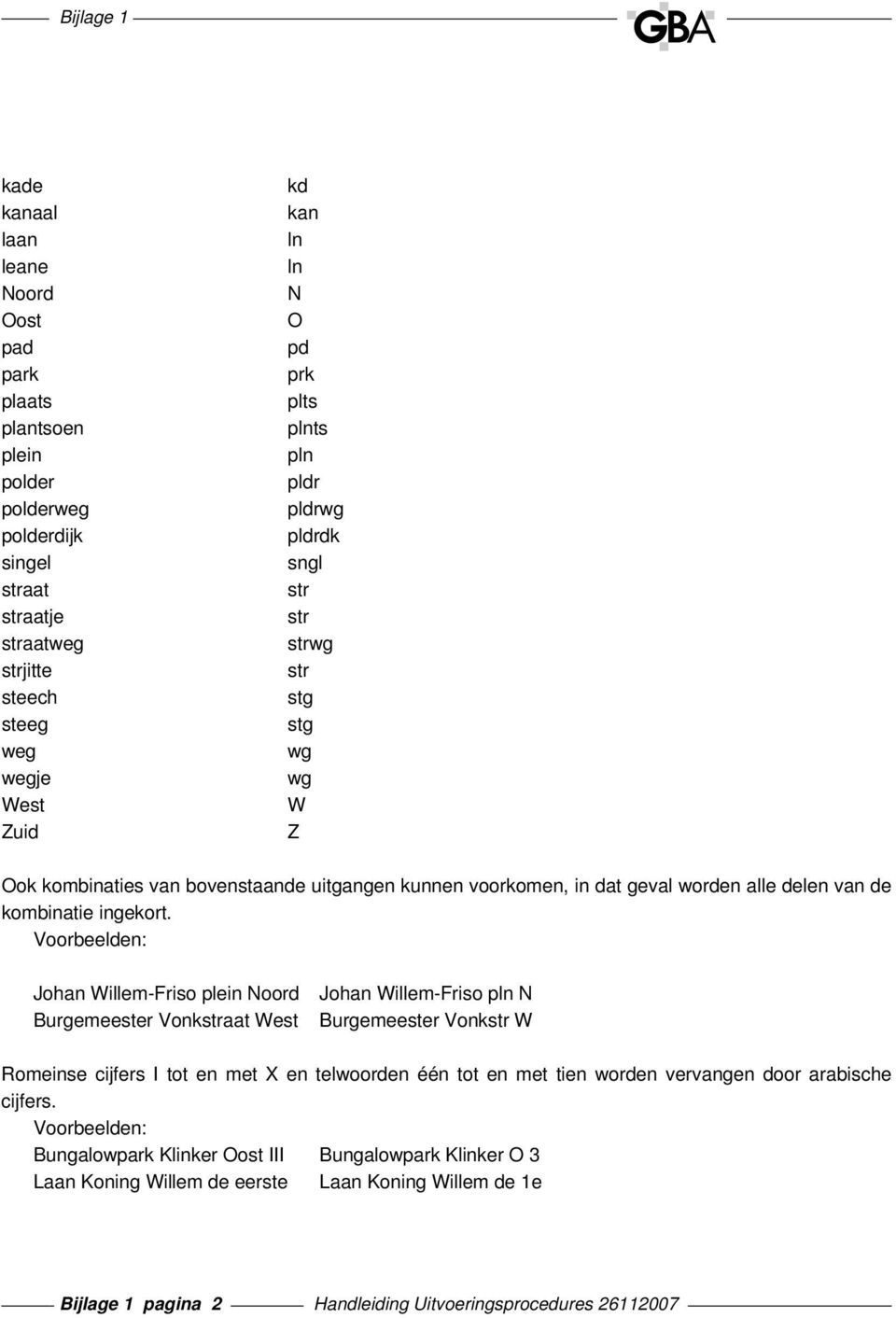 Voorbeelden: Johan Willem-Friso plein Noord Burgemeester Vonkstraat West Johan Willem-Friso pln N Burgemeester Vonkstr W Romeinse cijfers I tot en met X en telwoorden één tot en met tien worden