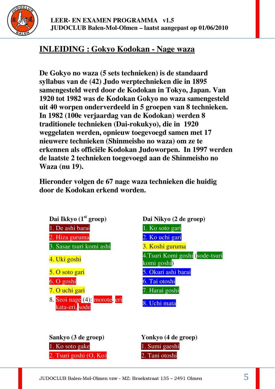 In 1982 (100e verjaardag van de Kodokan) werden 8 traditionele technieken (Dai-rokukyo), die in 1920 weggelaten werden, opnieuw toegevoegd samen met 17 nieuwere technieken (Shinmeisho no waza) om ze