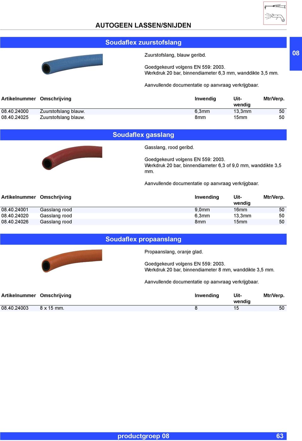 Goedgekeurd volgens EN 559: 2003. Werkdruk 20 bar, binnendiameter 6,3 of 9,0 mm, wanddikte 3,5 mm. Aanvullende documentatie op aanvraag verkrijgbaar.