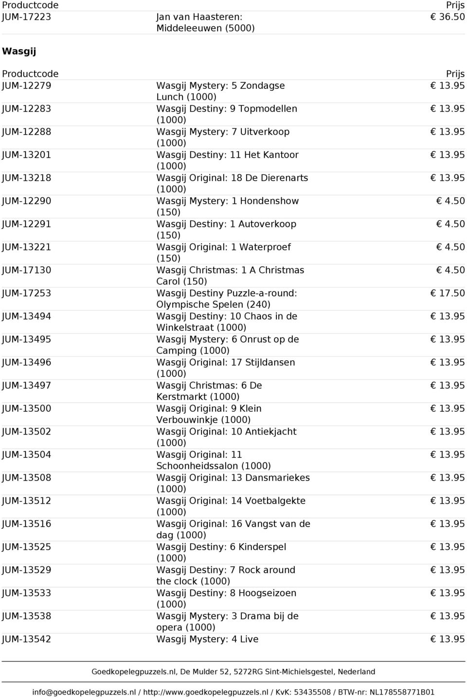 Dierenarts JUM-12290 Wasgij Mystery: 1 Hondenshow (150) JUM-12291 Wasgij Destiny: 1 Autoverkoop (150) JUM-13221 Wasgij Original: 1 Waterproef (150) JUM-17130 Wasgij Christmas: 1 A Christmas Carol