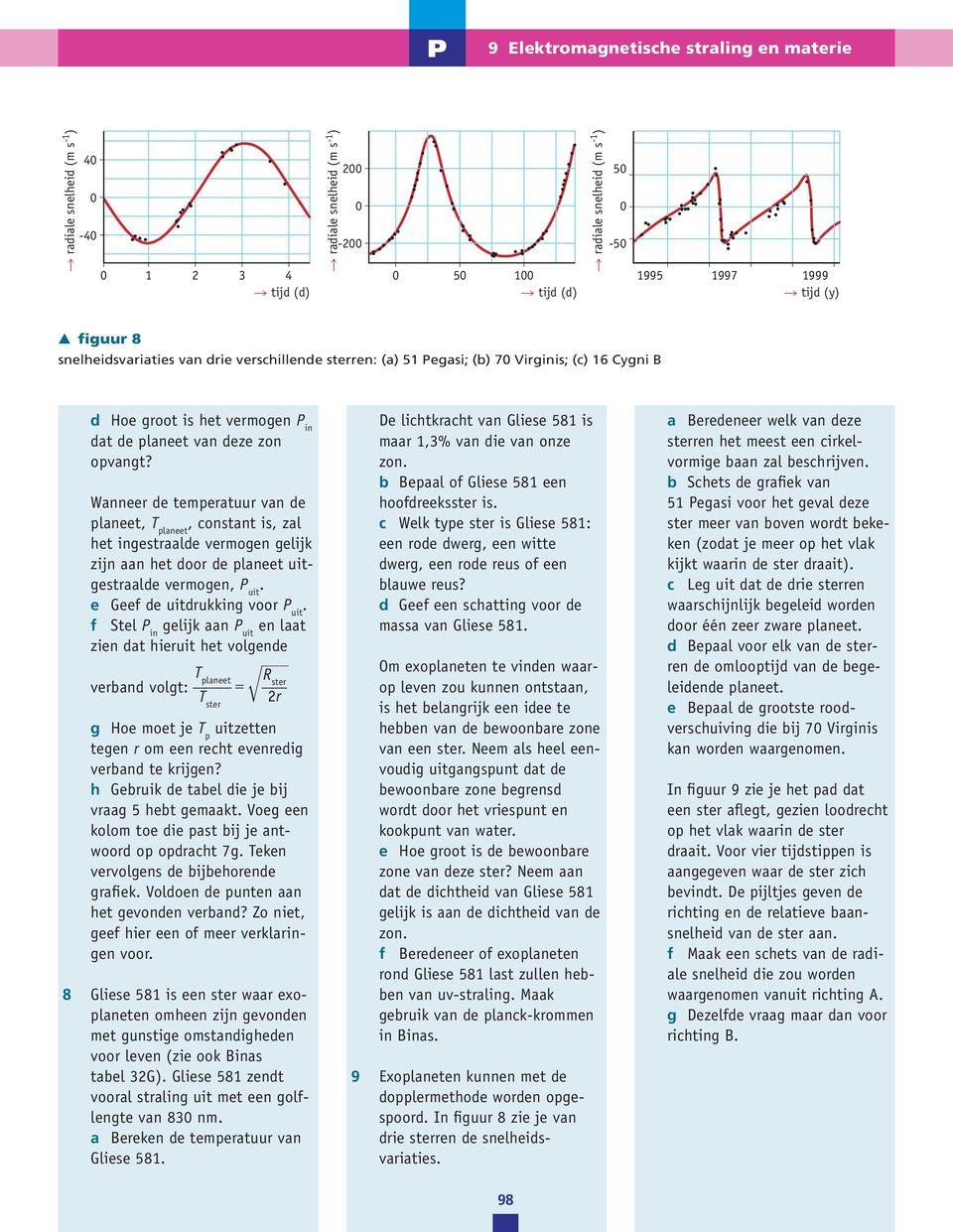 Wanneer de temperatuur van de planeet, T planeet, constant is, zal het ingestraalde vermogen gelijk zijn aan het door de planeet uitgestraalde vermogen, P uit. e Geef de uitdrukking voor P uit.