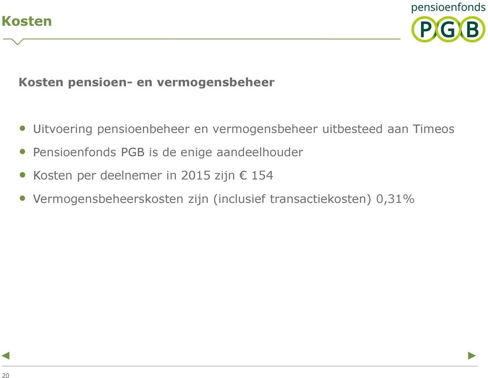 Pensioenfonds PGB is de enige aandeelhouder Kosten per deelnemer