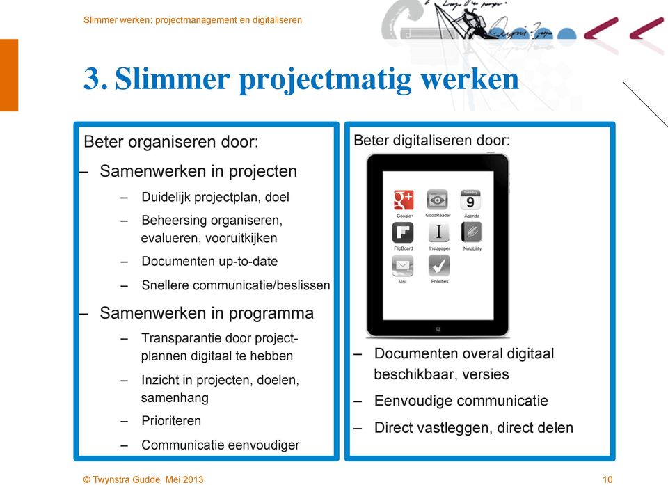 Transparantie door projectplannen digitaal te hebben Inzicht in projecten, doelen, samenhang Prioriteren Communicatie