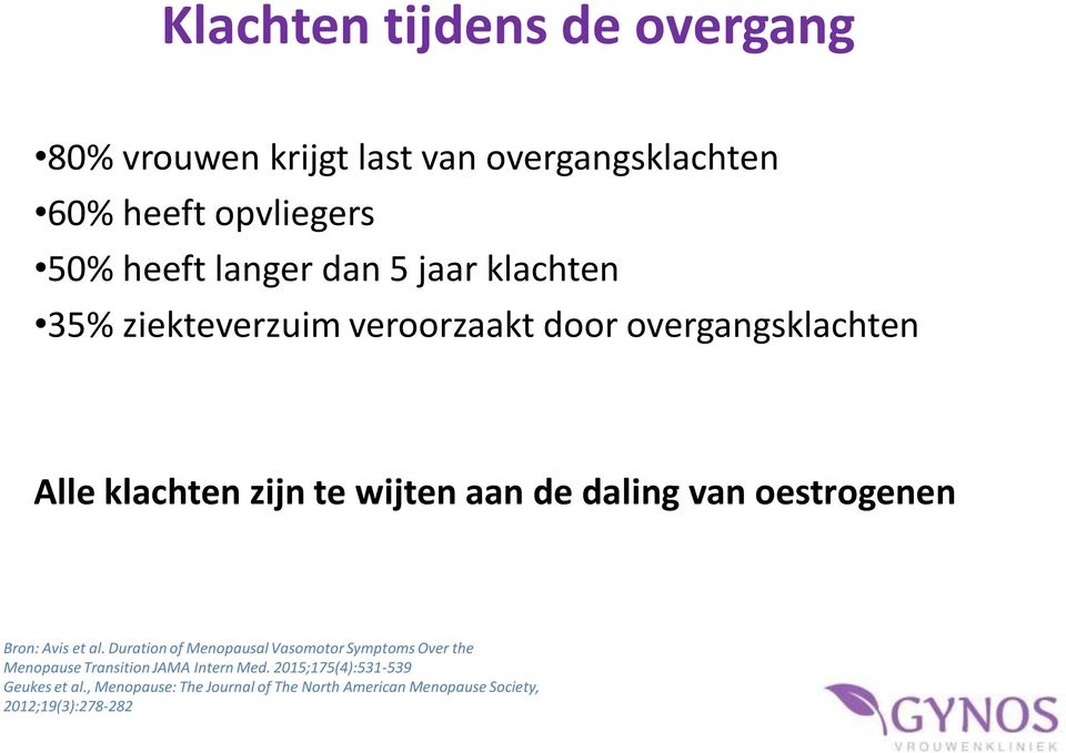 oestrogenen Bron: Avis et al. Duration of Menopausal Vasomotor Symptoms Over the Menopause Transition JAMA Intern Med.