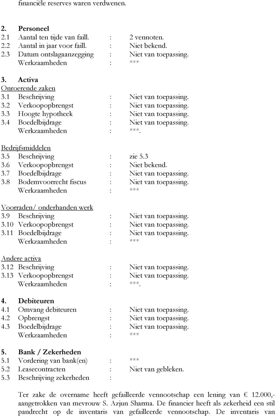 . Bedrijfsmiddelen 3.5 Beschrijving : zie 5.3 3.6 Verkoopopbrengst : Niet bekend. 3.7 Boedelbijdrage : Niet van toepassing. 3.8 Bodemvoorrecht fiscus : Niet van toepassing.