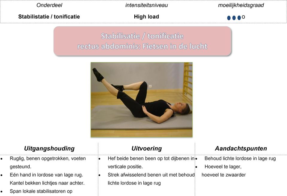 Span lokale stabilisatoren op Hef beide benen been op tot dijbenen in Behoud lichte lordose in