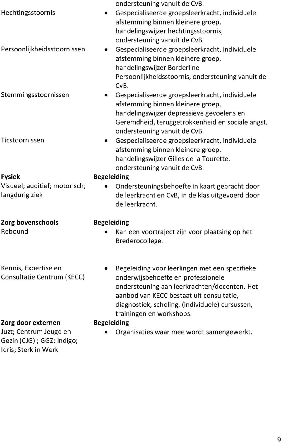 Stemmingsstoornissen Gespecialiseerde groepsleerkracht, individuele handelingswijzer depressieve gevoelens en Geremdheid, teruggetrokkenheid en sociale angst, ondersteuning vanuit de CvB.