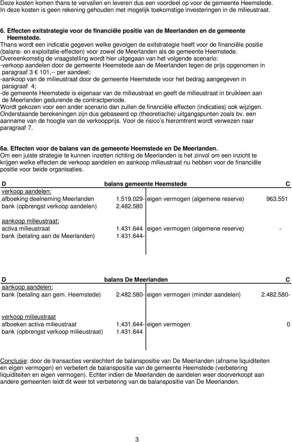 Thans wordt een indicatie gegeven welke gevolgen de exitstrategie heeft voor de financiële positie (balans- en exploitatie-effecten) voor zowel de Meerlanden als de gemeente Heemstede.