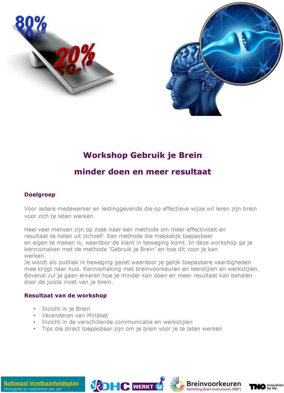 In deze workshop ga je kennismaken met de methode Gebruik je Brein en hoe dit voor je kan werken.