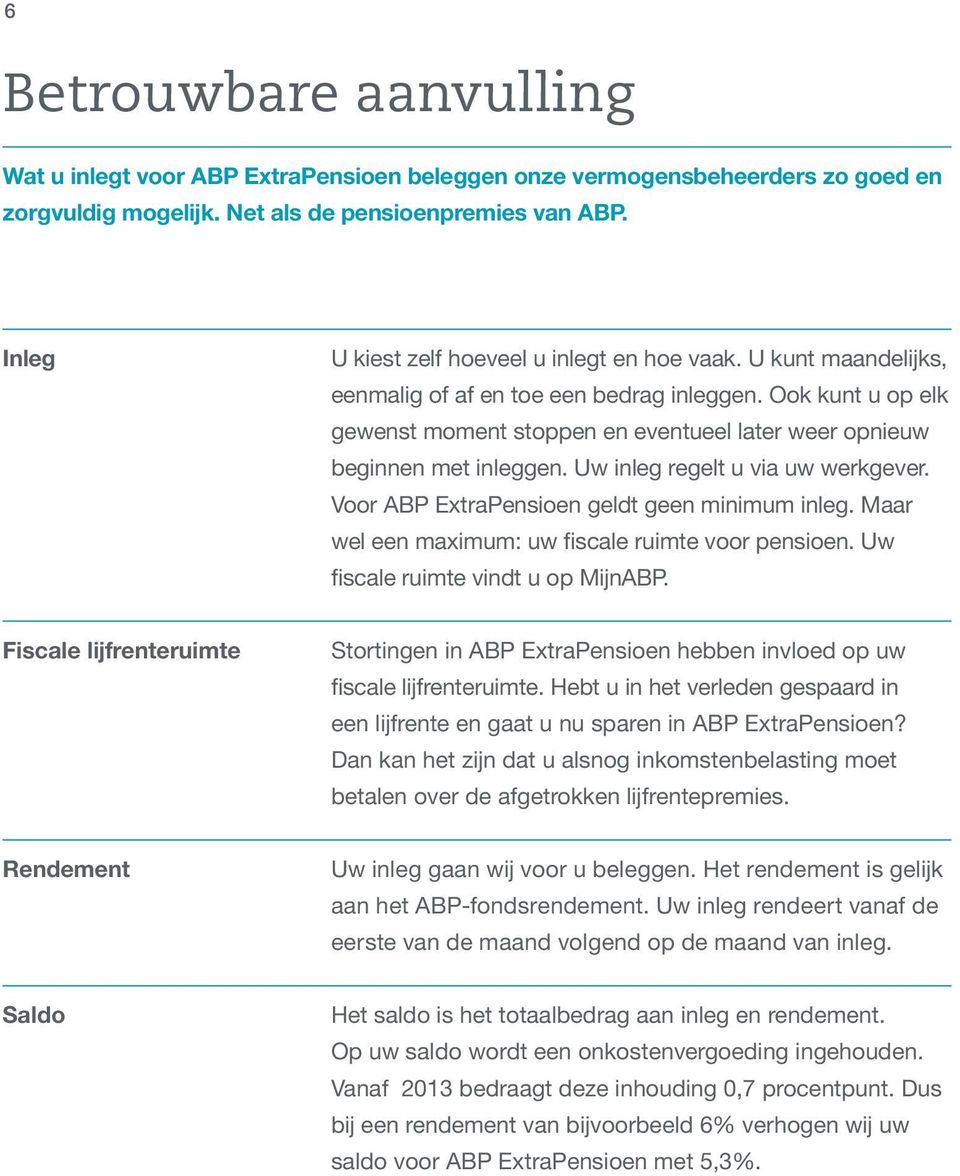 Ook kunt u op elk gewenst moment stoppen en eventueel later weer opnieuw beginnen met inleggen. Uw inleg regelt u via uw werkgever. Voor ABP ExtraPensioen geldt geen minimum inleg.