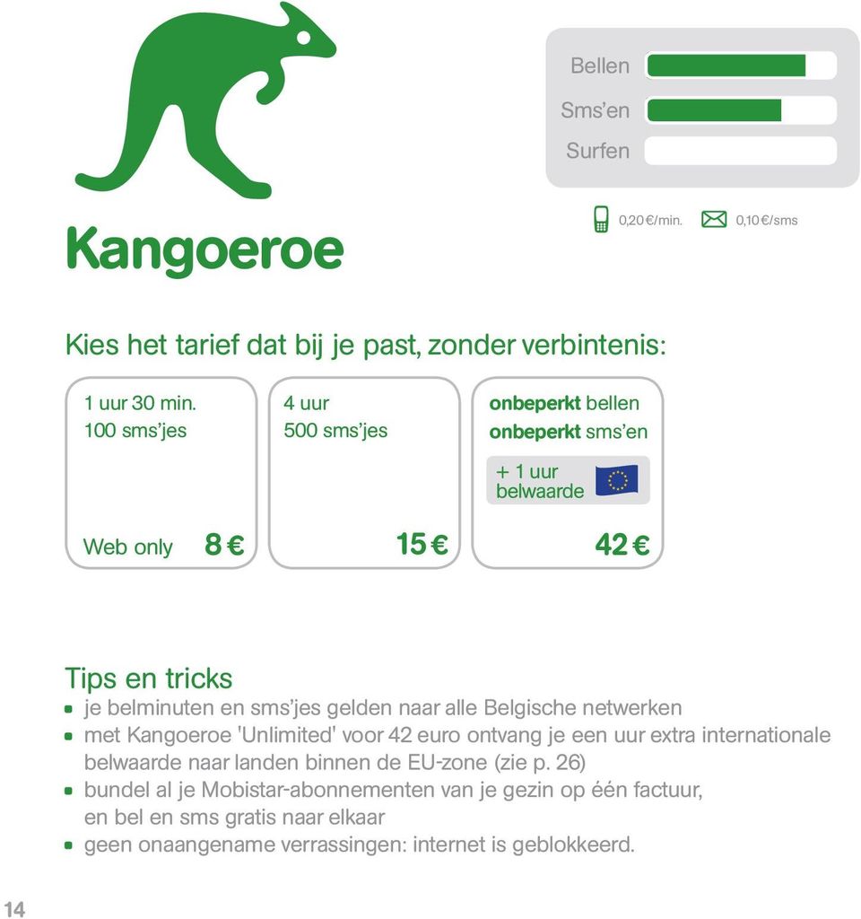 naar alle Belgische netwerken met Kangoeroe 'Unlimited' voor 42 euro ontvang je een uur extra internationale belwaarde naar landen binnen de