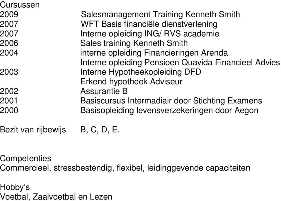 Hypotheekopleiding DFD Erkend hypotheek Adviseur 2002 Assurantie B 2001 Basiscursus Intermadiair door Stichting Examens 2000 Basisopleiding