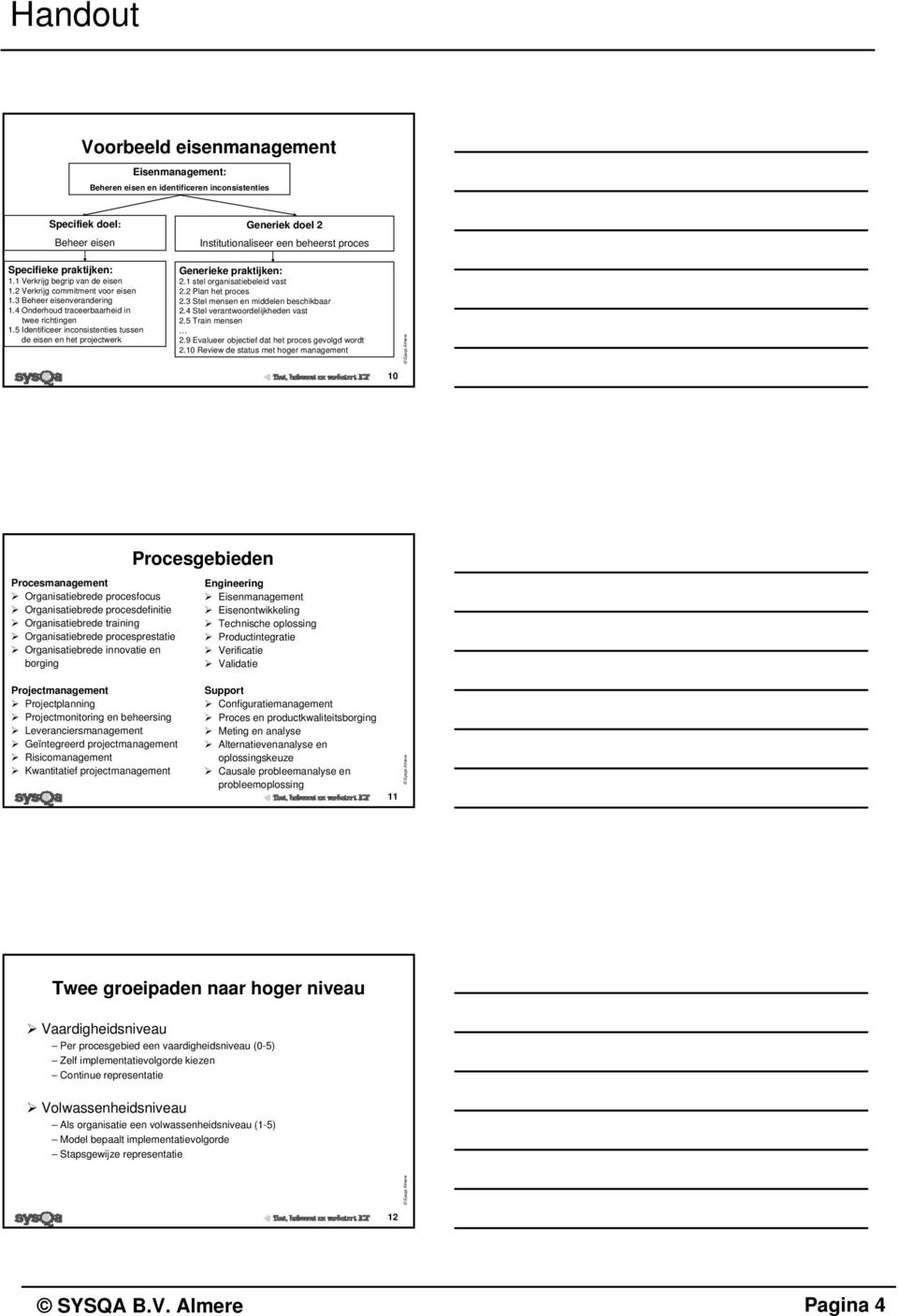 5 Identificeer inconsistenties tussen de eisen en het projectwerk : 2.1 stel organisatiebeleid vast 2.2 Plan het proces 2.3 Stel mensen en middelen beschikbaar 2.4 Stel verantwoordelijkheden vast 2.