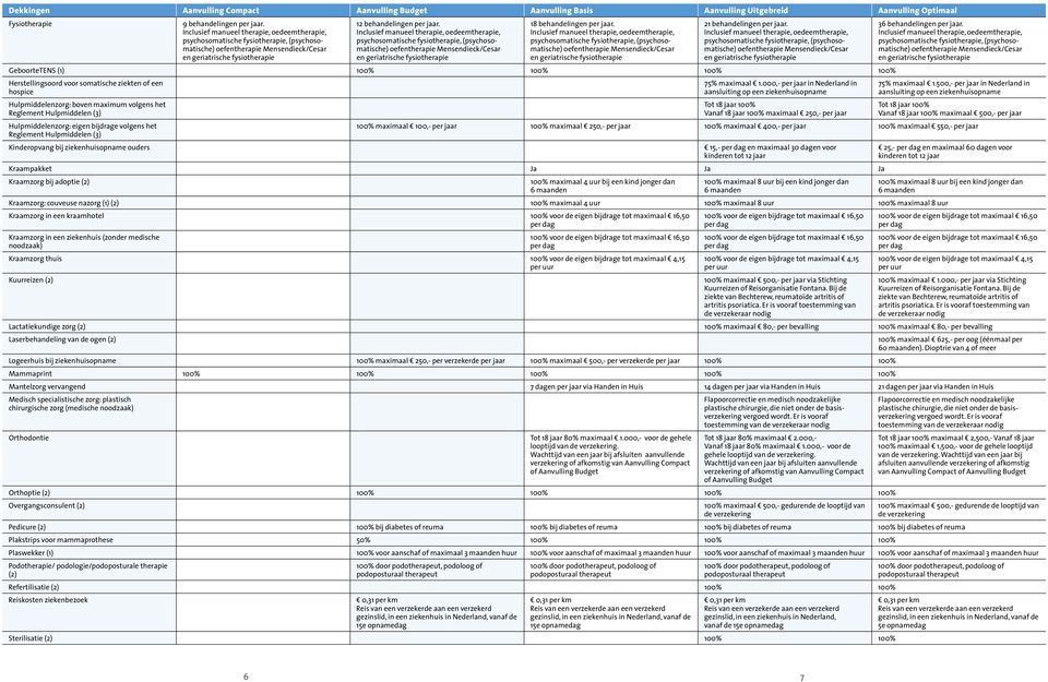 Inclusief manueel therapie, oedeemtherapie, psychosomatische fysiotherapie, (psychosomatische) oefentherapie Mensendieck/Cesar en geriatrische fysiotherapie 18 behandelingen per jaar.