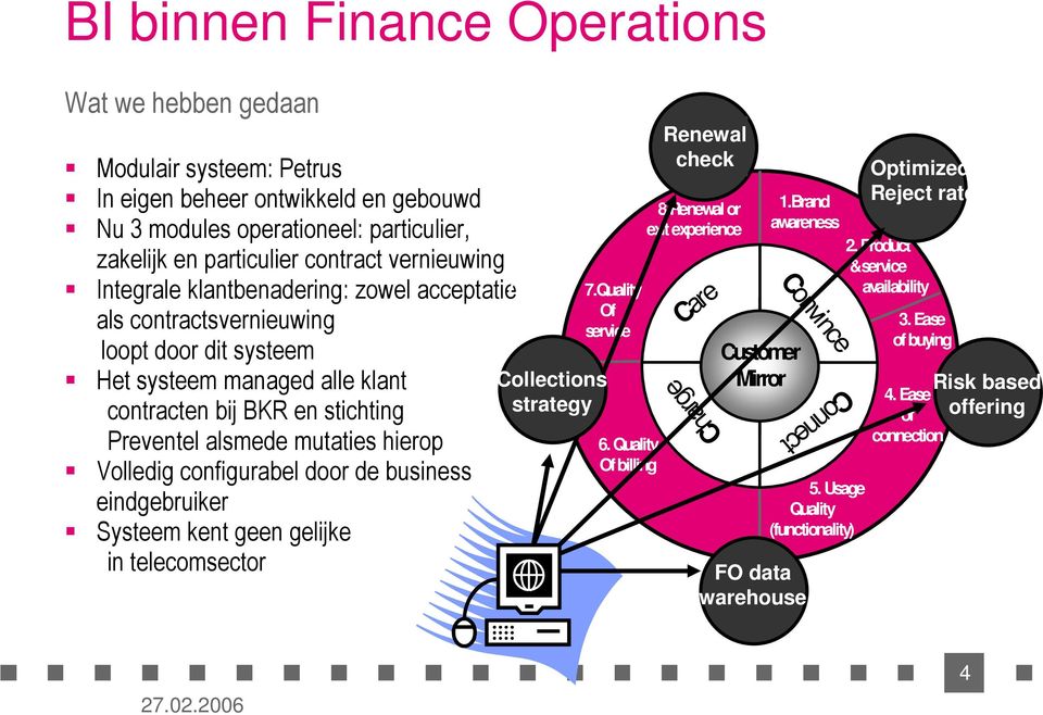 business eindgebruiker Systeem kent geen gelijke in telecomsector 7.Quality Of service Collections strategy 7.Quality Of service 6. Quality Of billing 6. Quality Of billing Renewal check 8.