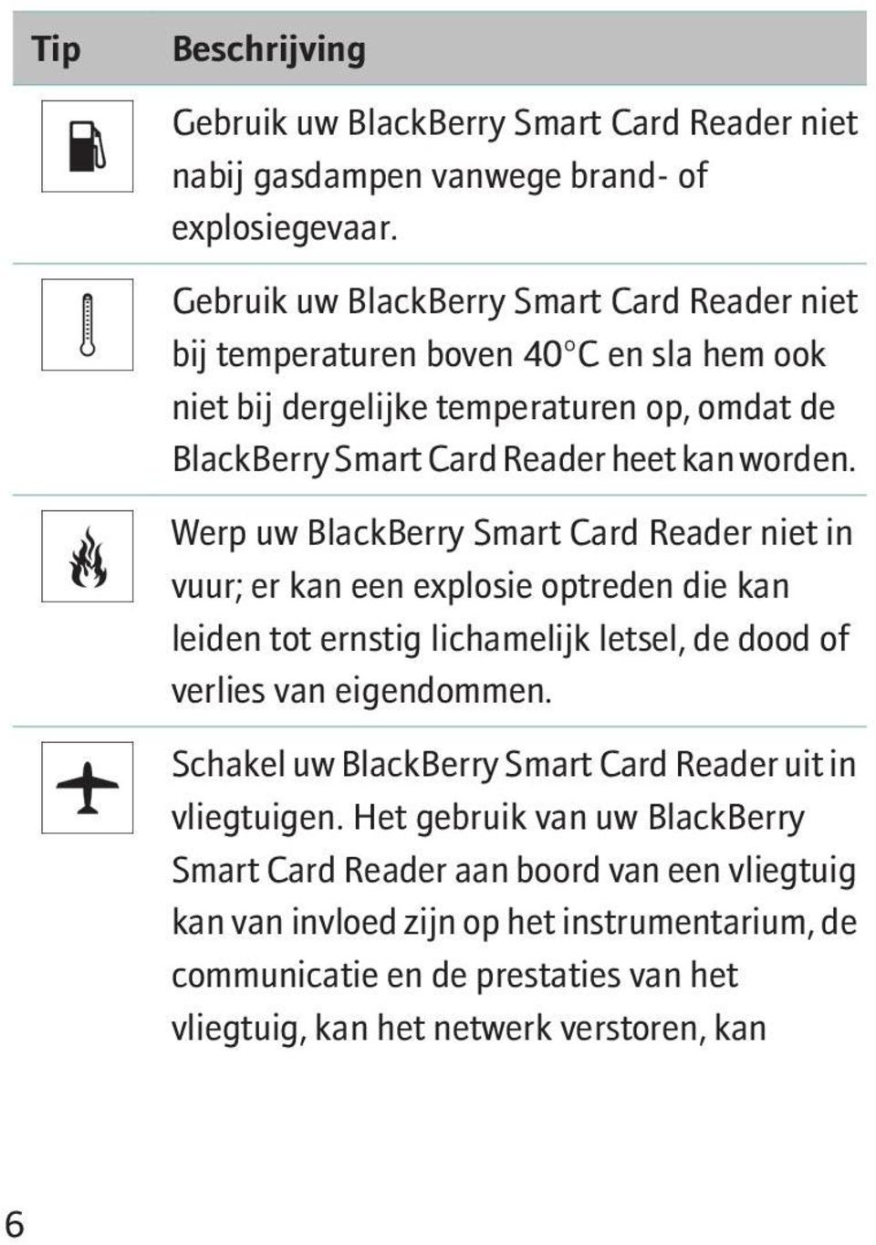 Werp uw BlackBerry Smart Card Reader niet in vuur; er kan een explosie optreden die kan leiden tot ernstig lichamelijk letsel, de dood of verlies van eigendommen.