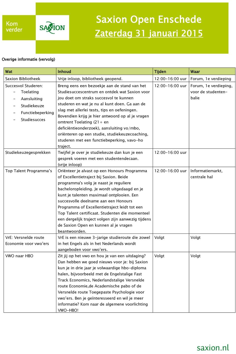 Economie voor vwo ers VWO naar HBO Breng eens een bezoekje aan de stand van het Studiesuccescentrum en ontdek wat Saxion voor jou doet om straks succesvol te kunnen studeren en wat je nu al kunt doen.