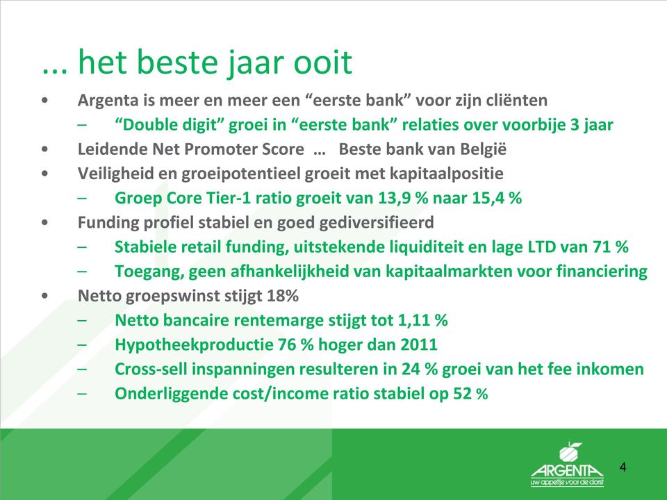 Stabiele retail funding, uitstekende liquiditeit en lage LTD van 71 % Toegang, geen afhankelijkheid van kapitaalmarkten voor financiering Netto groepswinst stijgt 18% Netto