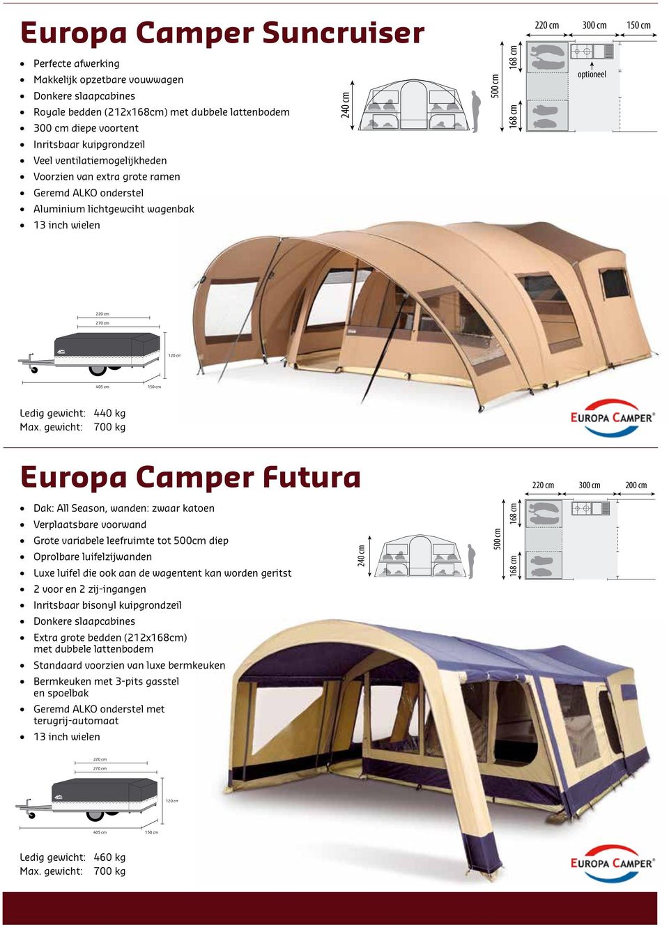 gewicht: 700 kg 200 Europa Camper 300 215 Futura Verplaatsbare voorwand Cabanon / Tabora Cabanon Grote variabele leefruimte tot 500 diep Luxe luifel die ook aan de wagentent kan worden geritst 2 voor