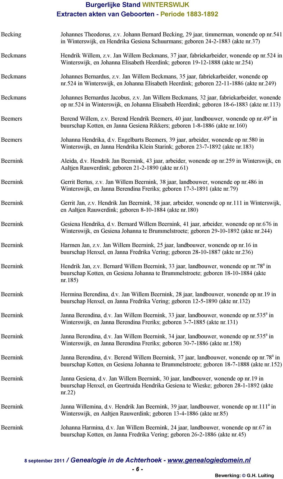 Jan Willem Beckmans, 37 jaar, fabriekarbeider, wonende op nr.524 in Winterswijk, en Johanna Elisabeth Heerdink; geboren 19-12-1888 (akte nr.254) Johannes Bernardus, z.v.